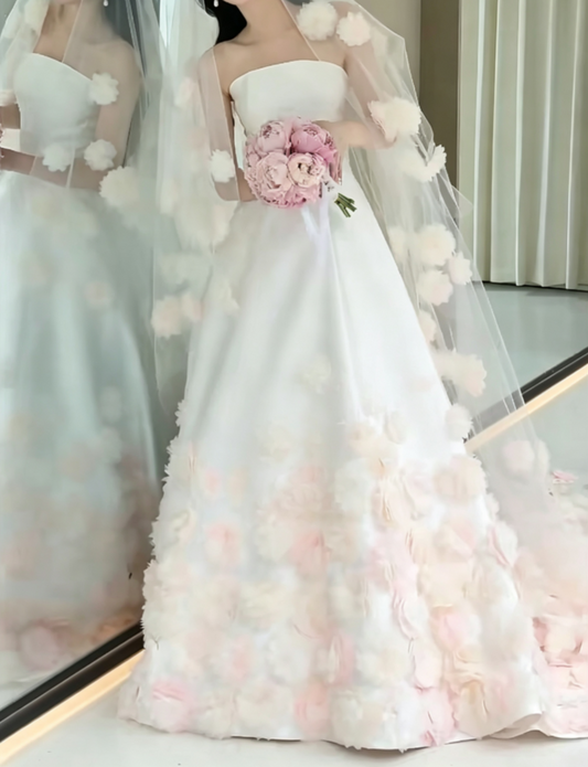 Enchanting Strapless Wedding Dress Pink Appliques Satin A-Line Bridal Dress GG6609
