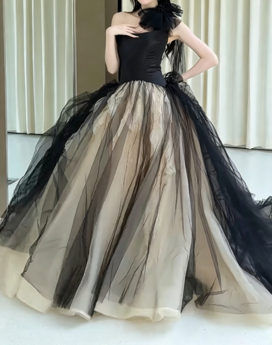 Vintage Strapless Black Prom Dress Tulle A-Line Evening Dress GG6611