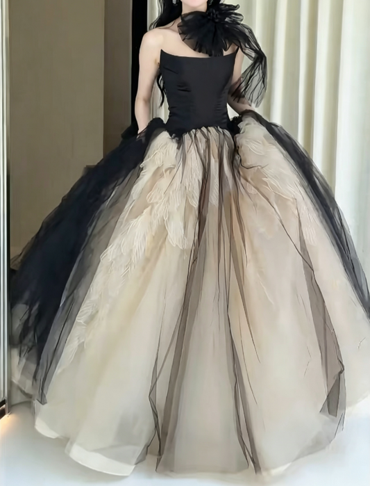 Vintage Strapless Black Prom Dress Tulle A-Line Evening Dress GG6611