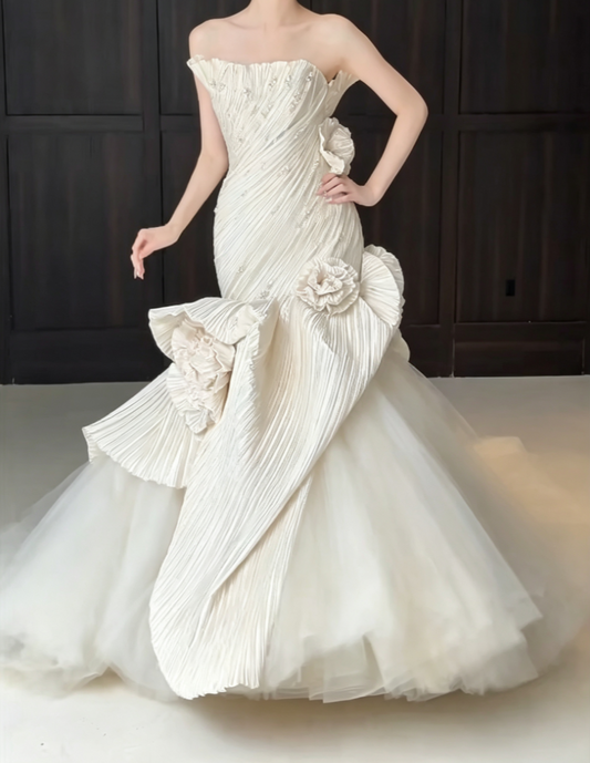 Ornate Strapless Ivory Wedding Dress Pearls Handmade Flowers Tulle Mermiad Bridal Dress GG6613