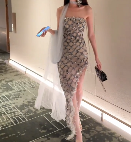 Chic Strapless Silver Prom Dress Sequins Beaded High Slit Sheath Evening Dress GG6618