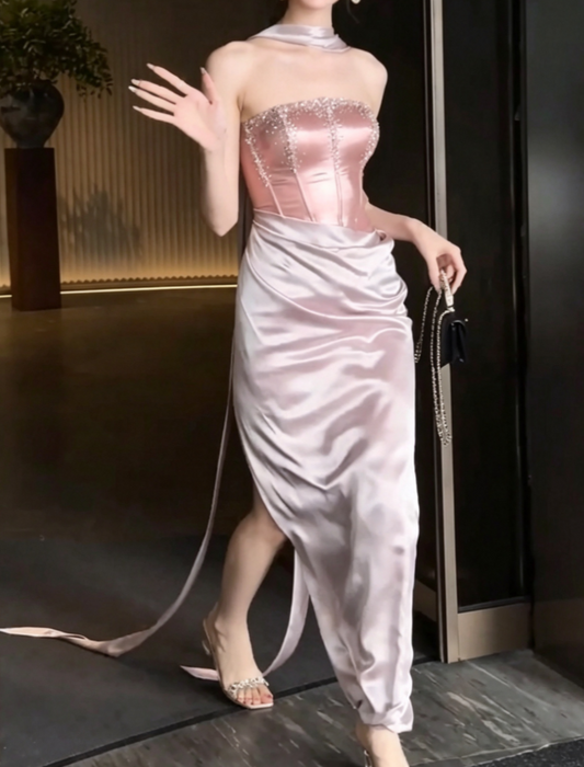 Romantic Strapless Pink Prom Dress Beads Slit Sheath Evening Dress GG6619