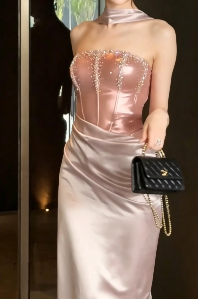 Romantic Strapless Pink Prom Dress Beads Slit Sheath Evening Dress GG6619