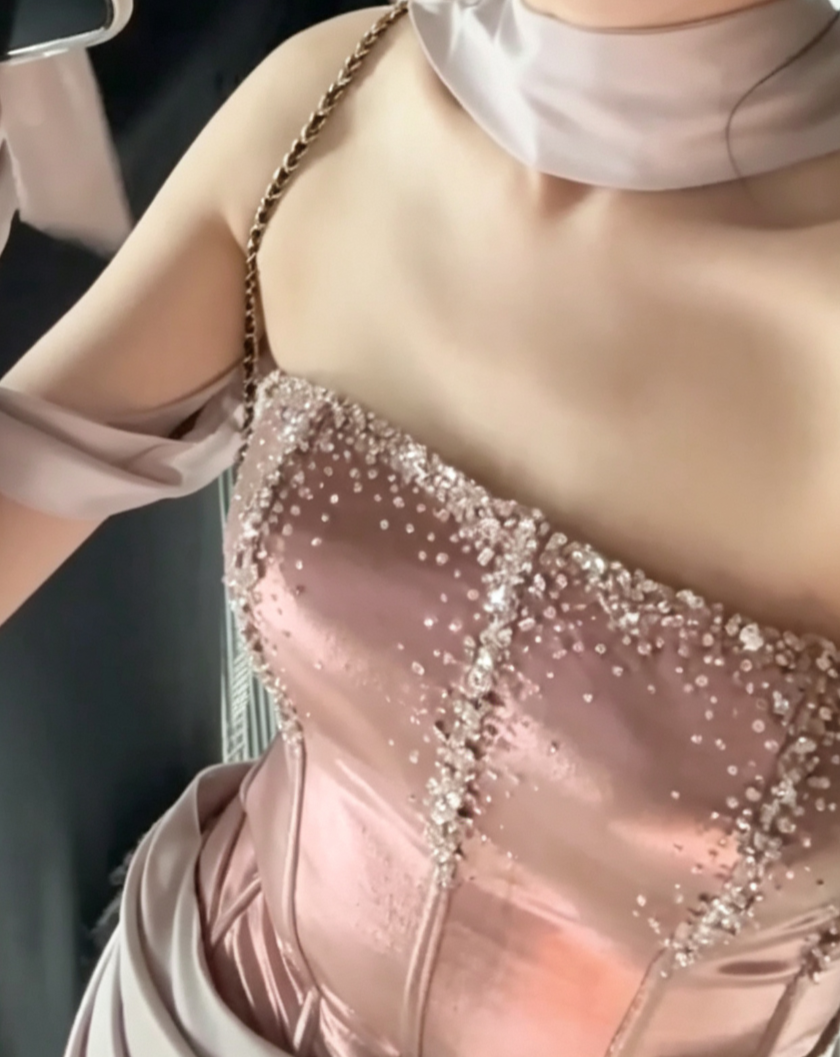 Romantic Strapless Pink Prom Dress Beads Slit Sheath Evening Dress GG6619