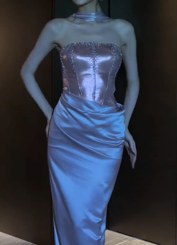 Romantic Strapless Pink Prom Dress Beads Slit Sheath Evening Dress GG6619