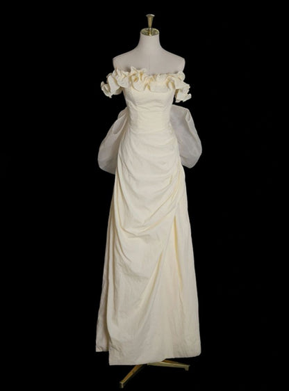 Elegant A Line Off The  Shoulder Pastel Yellow Satin Bow Long Prom Dress,Evening Dress GG662