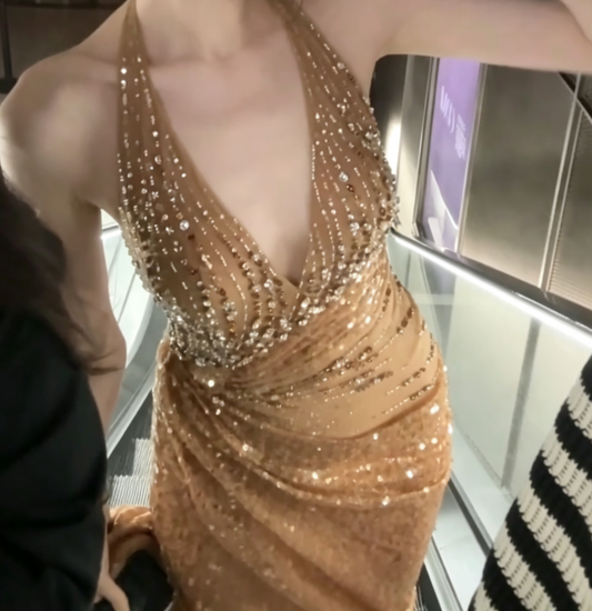 Enchanting Strapless Gold Prom Dress Sequins Beaded Slit Sheath Evening Dress GG6620