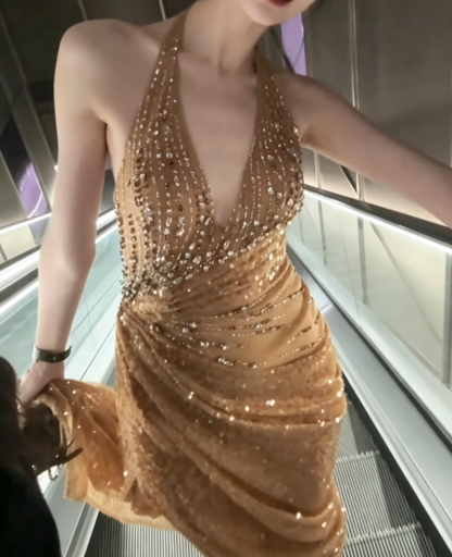 Enchanting Strapless Gold Prom Dress Sequins Beaded Slit Sheath Evening Dress GG6620