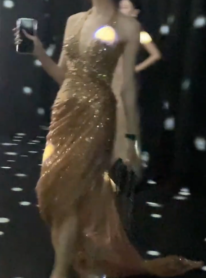Enchanting Strapless Gold Prom Dress Sequins Beaded Slit Sheath Evening Dress GG6620