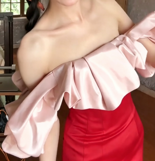 Vintage Off-Shoulder Red Prom Dress Ruffles Satin Mermaid Evening Dress GG6621