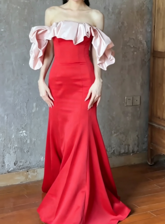 Vintage Off-Shoulder Red Prom Dress Ruffles Satin Mermaid Evening Dress GG6621