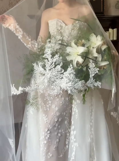 Elegant Strapless Lace Wedding Dress With Detachable Train Mermiad Bridal Dress GG6622