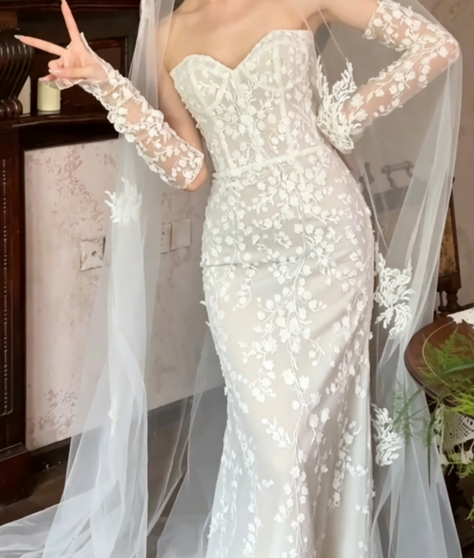 Elegant Strapless Lace Wedding Dress With Detachable Train Mermiad Bridal Dress GG6622