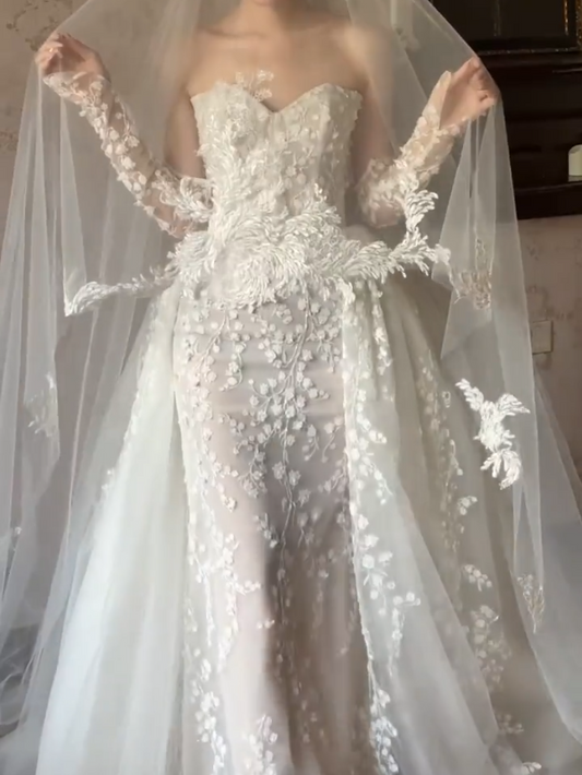Elegant Strapless Lace Wedding Dress With Detachable Train Mermiad Bridal Dress GG6622