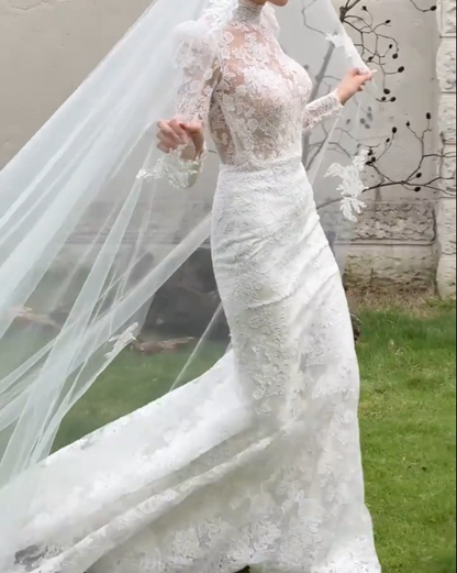 Romantic High Collar Lace Wedding Dress Long Sleeve Mermaid Bridal Dress GG6623
