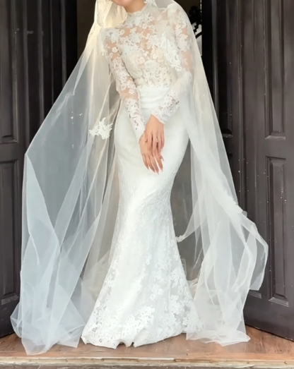 Romantic High Collar Lace Wedding Dress Long Sleeve Mermaid Bridal Dress GG6623