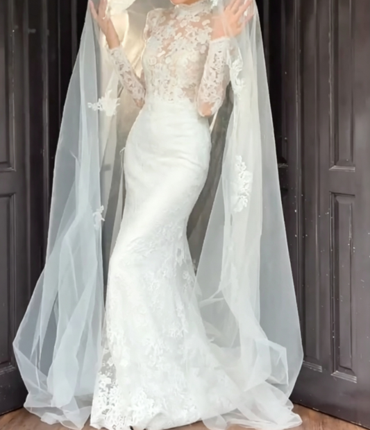 Romantic High Collar Lace Wedding Dress Long Sleeve Mermaid Bridal Dress GG6623