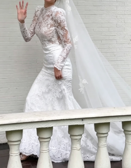 Romantic High Collar Lace Wedding Dress Long Sleeve Mermaid Bridal Dress GG6623