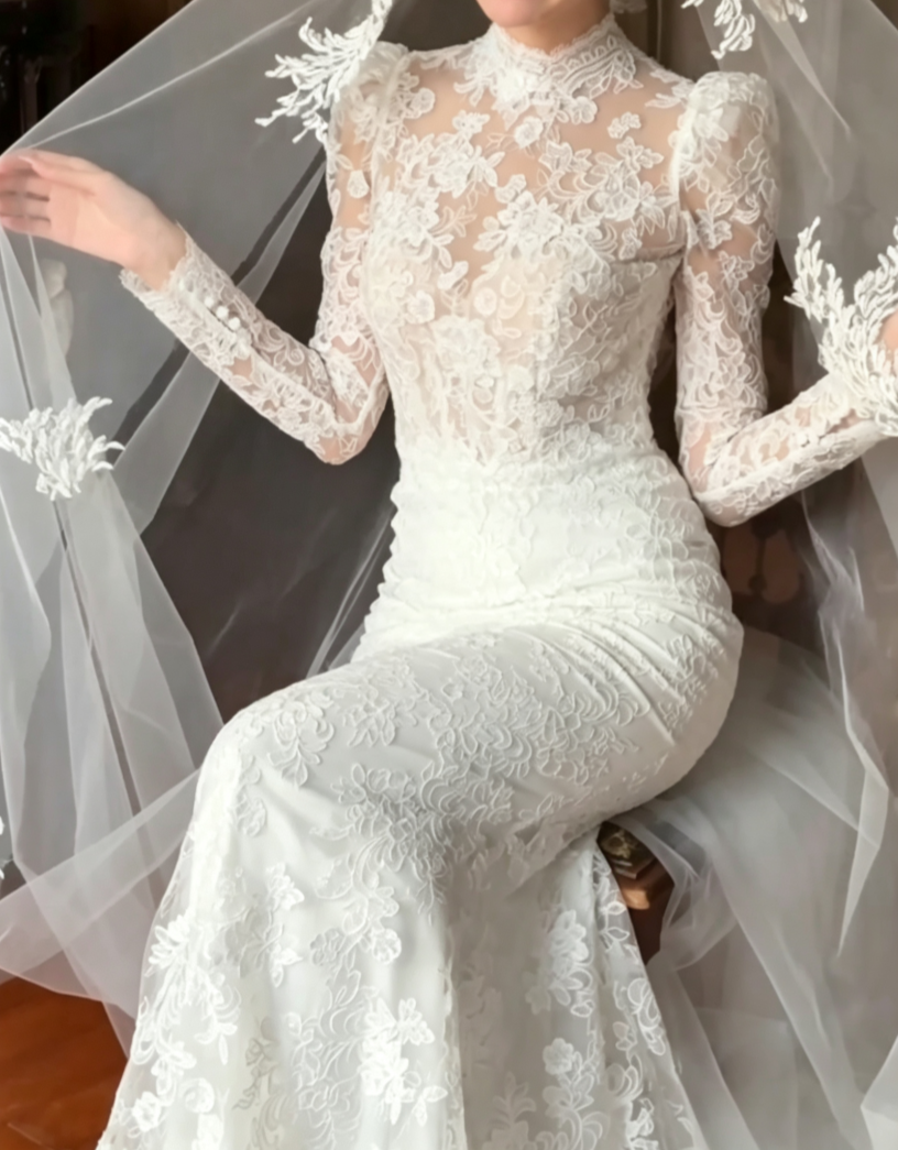 Romantic High Collar Lace Wedding Dress Long Sleeve Mermaid Bridal Dress GG6623