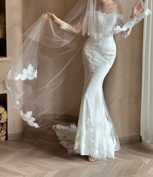 Graceful Off-Shoulder Appliques Wedding Dress Long Sleeve Mermaid Bridal Dress GG6624