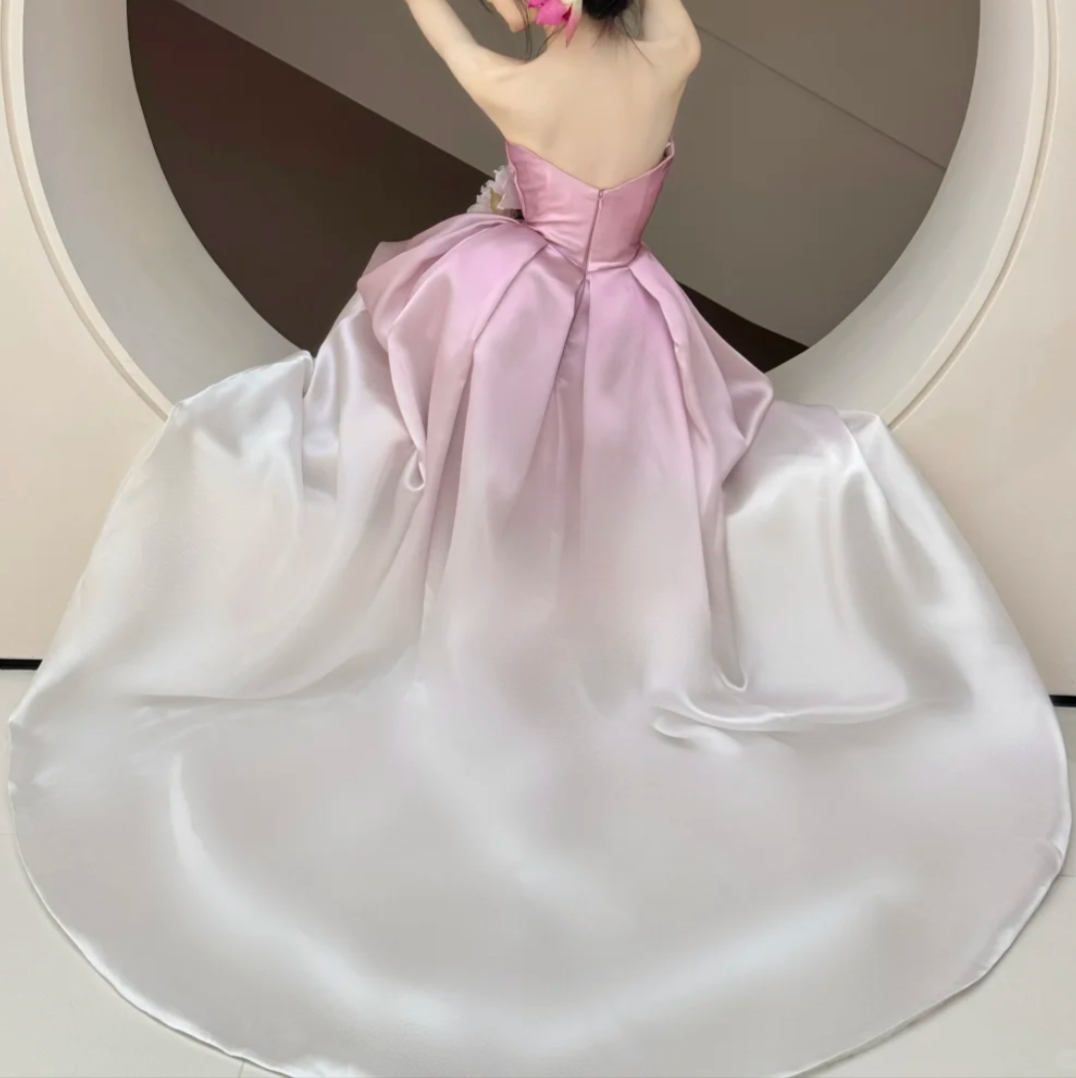 Vintage Strapless Gradient Purple Prom Dress Handmade Flower Satin A-Line Evening Dress GG6625