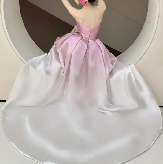 Vintage Strapless Gradient Purple Prom Dress Handmade Flower Satin A-Line Evening Dress GG6625