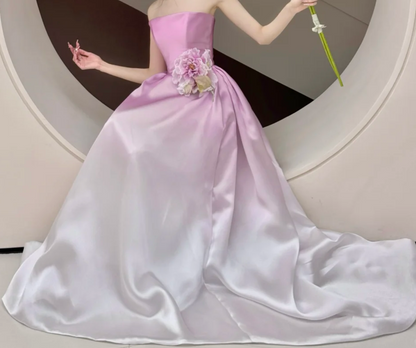Vintage Strapless Gradient Purple Prom Dress Handmade Flower Satin A-Line Evening Dress GG6625