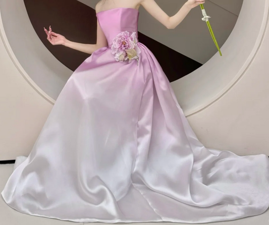 Vintage Strapless Gradient Purple Prom Dress Handmade Flower Satin A-Line Evening Dress GG6625