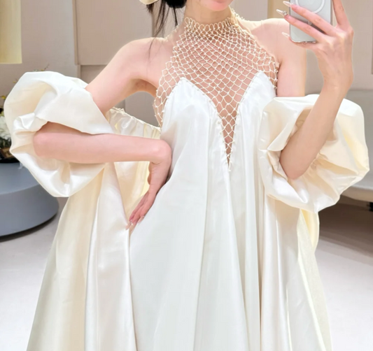 Ornate Halter Neck Wedding Dress Satin Beaded Mesh Mermiad Bridal Dress GG6626