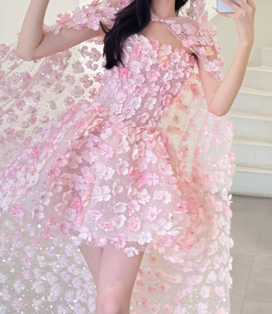 Sweet Strapless Pink Homecoming Dress Beading Appliques A-Line Birthday Dress GG6627