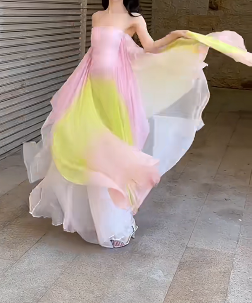 Flowy Strapless Tie-Dye Prom Dress Chiffon A-Line Evening Dress GG6628