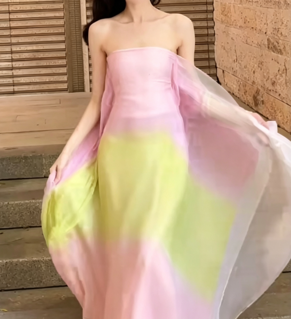 Flowy Strapless Tie-Dye Prom Dress Chiffon A-Line Evening Dress GG6628