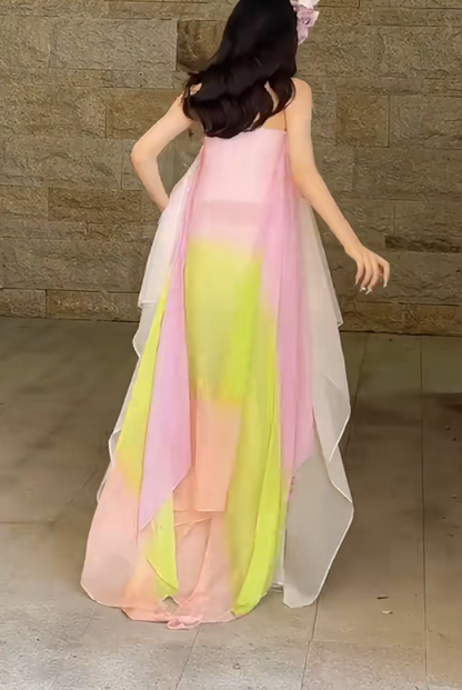 Flowy Strapless Tie-Dye Prom Dress Chiffon A-Line Evening Dress GG6628