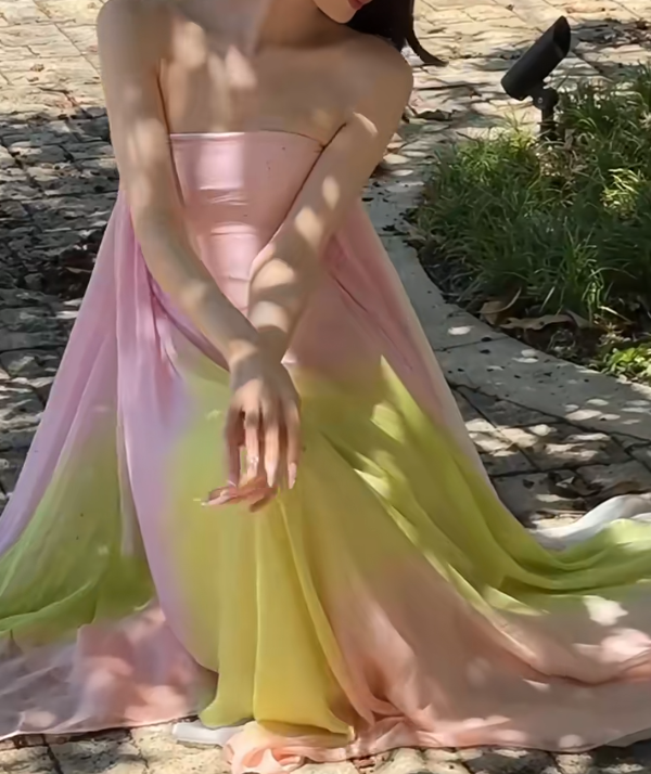 Flowy Strapless Tie-Dye Prom Dress Chiffon A-Line Evening Dress GG6628