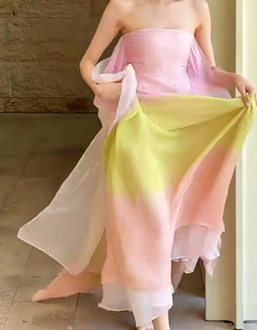 Flowy Strapless Tie-Dye Prom Dress Chiffon A-Line Evening Dress GG6628