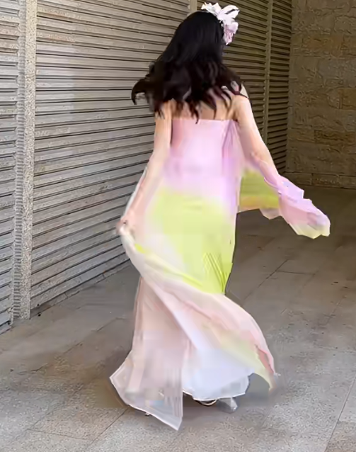 Flowy Strapless Tie-Dye Prom Dress Chiffon A-Line Evening Dress GG6628