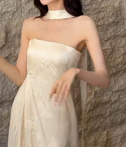 Fascinating Strapless Beaded Wedding Dress With Scarf Jacquard Satin Mermiad Bridal Dress GG6629