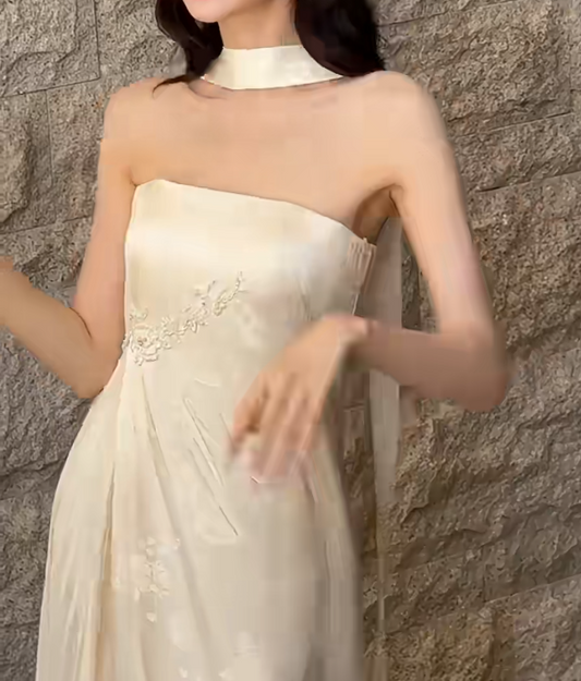 Fascinating Strapless Beaded Wedding Dress With Scarf Jacquard Satin Mermiad Bridal Dress GG6629