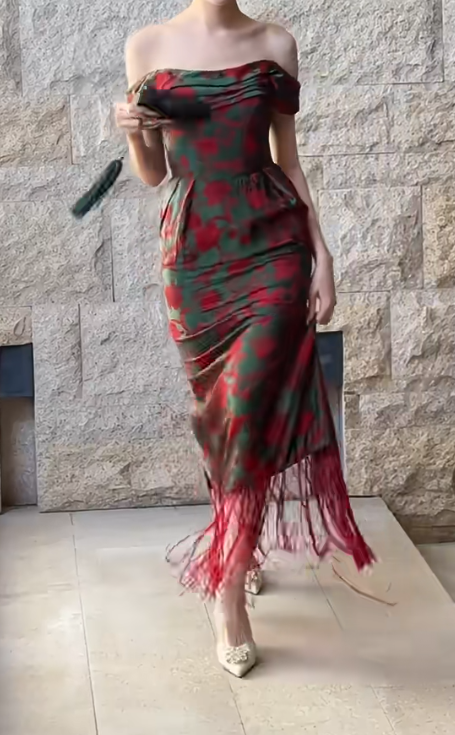 Retro Off-Shoulder Green Wedding Dress Tassel Jacquard Sheath Bridal Dress GG6630