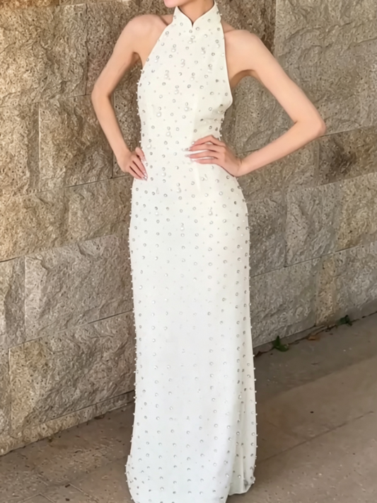 Enchanting Halter Neck Wedding Dress Rhinestones Pearls Mermiad Bridal Dress GG6631