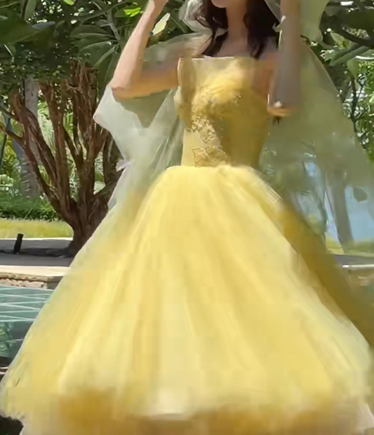 Adorable Strapless Yellow Prom Dress Tulle Beading A-Line Evening Dress GG6632