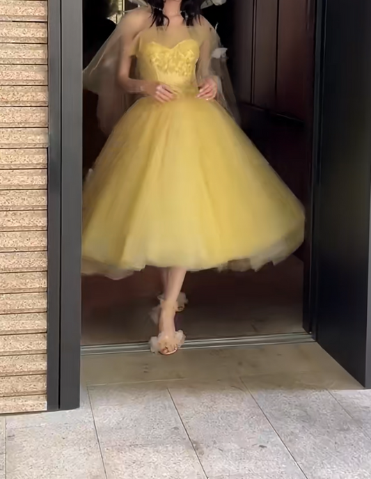 Adorable Strapless Yellow Prom Dress Tulle Beading A-Line Evening Dress GG6632