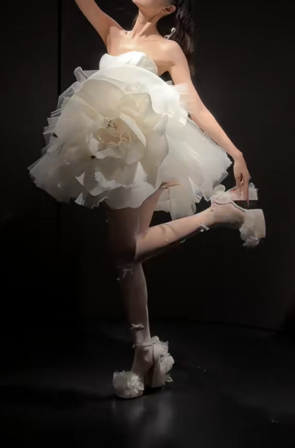 Glam Strapless White Homecoming Dress Handmade Flowers A-Line Birthday Dress GG6633