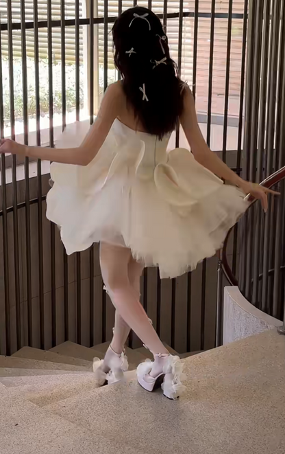 Glam Strapless White Homecoming Dress Handmade Flowers A-Line Birthday Dress GG6633