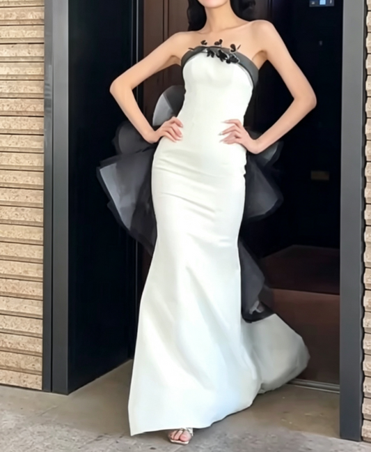 Trendy Strapless White Prom Dress Appliques Ruffles Mermaid Evening Dress GG6634