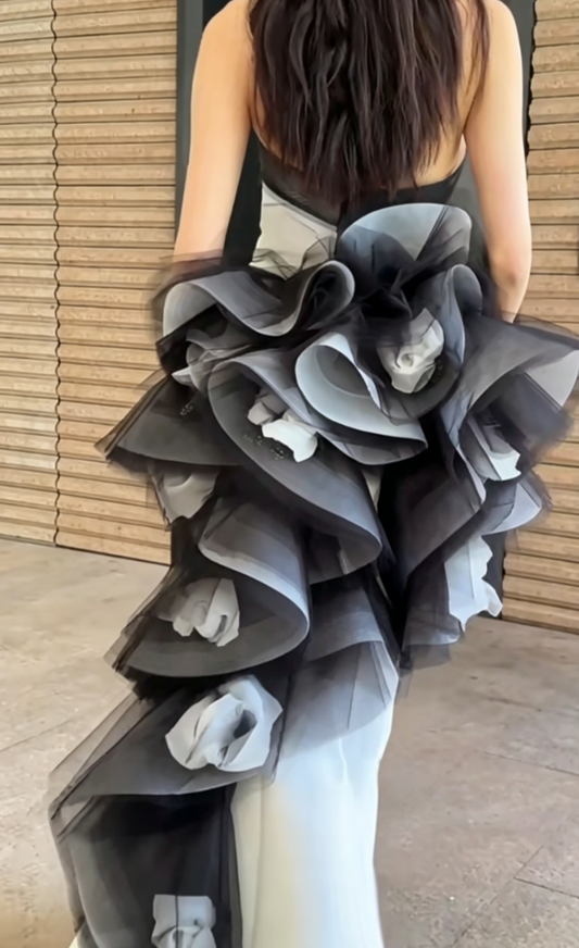 Trendy Strapless White Prom Dress Appliques Ruffles Mermaid Evening Dress GG6634
