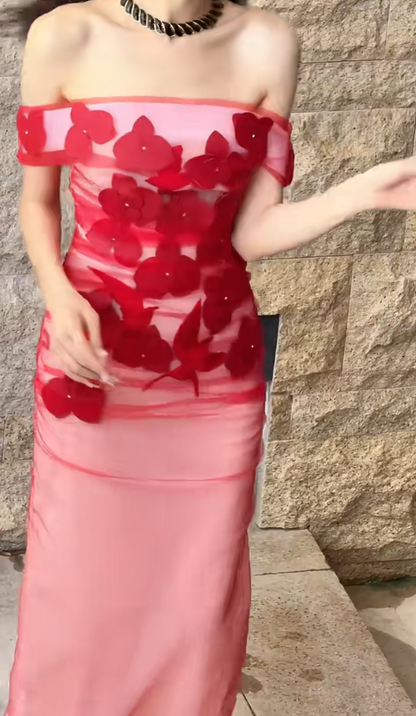 Charming Off-Shoulder Red Prom Dress Appliques Tulle Mermaid Evening Dress GG6635