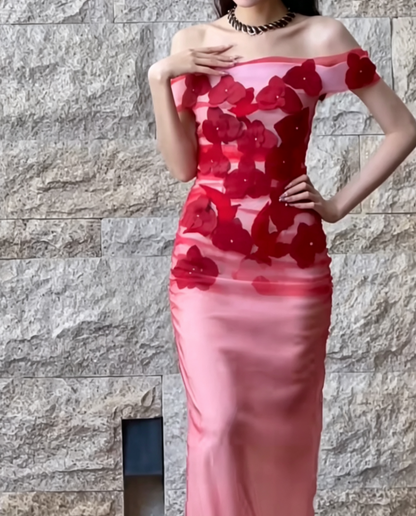 Charming Off-Shoulder Red Prom Dress Appliques Tulle Mermaid Evening Dress GG6635