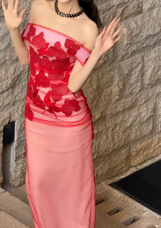 Charming Off-Shoulder Red Prom Dress Appliques Tulle Mermaid Evening Dress GG6635