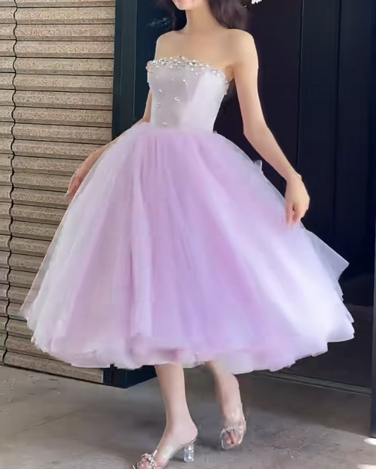 Glittering Strapless Purple Prom Dress Beading Tulle A-Line Evening Dress GG6637